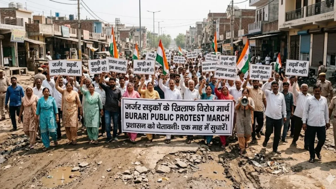 Burari Road Protest: बुराड़ी में खराब सड़कों के खिलाफ स्थानीय लोगों का प्रदर्शन